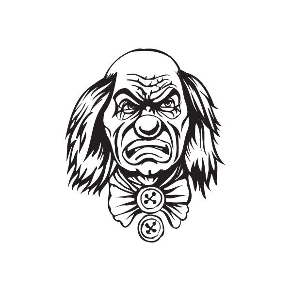 Frowning clown face decal with bow tie and ruffled collar, black line art