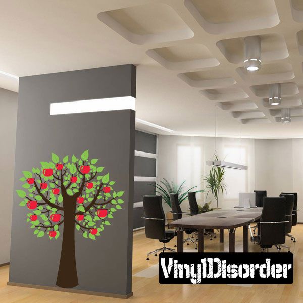 Apple tree vinyl wall decal with red apples and green leaves, small branches and trunk