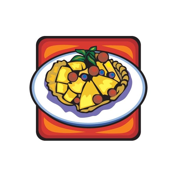 Fruit pie sticker of colorful fruit slices in a white oval bowl on red background