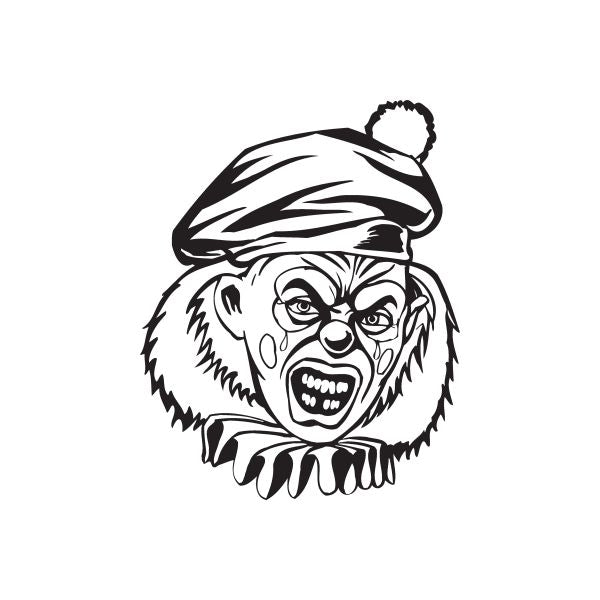 Clown head hat decal with angry expression in black-and-white