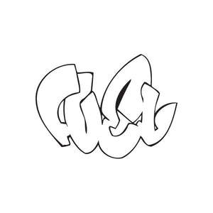 Graffiti-style decal with bold black outline letters