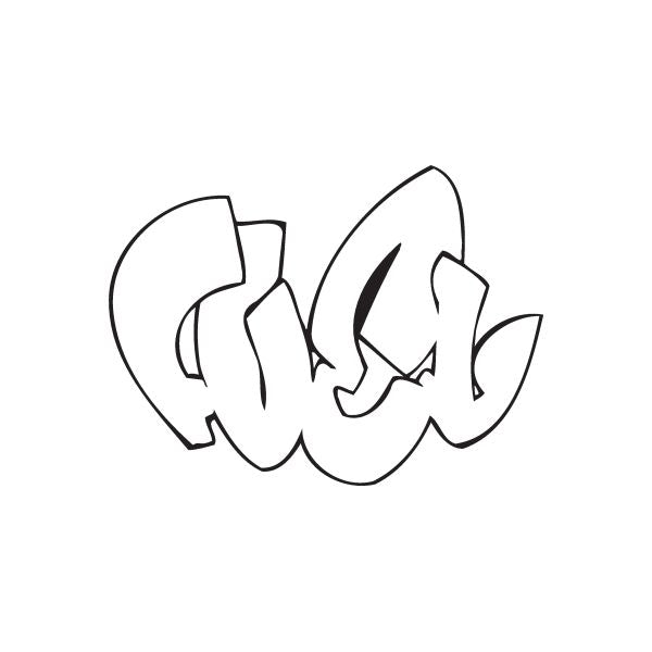 Graffiti-style decal with bold black outline letters