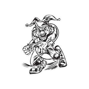 Black-and-white jester pointing decal with crowned cartoon character
