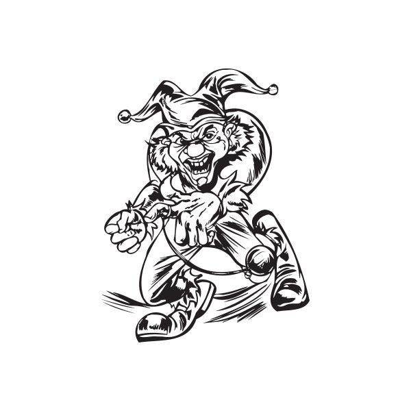Black-and-white jester pointing decal with crowned cartoon character