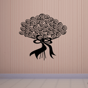 Floral ribbon bunch decal with curled swirl bouquet and black bow