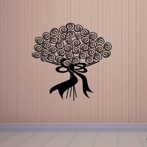 Floral ribbon bunch decal with curled swirl bouquet and black bow