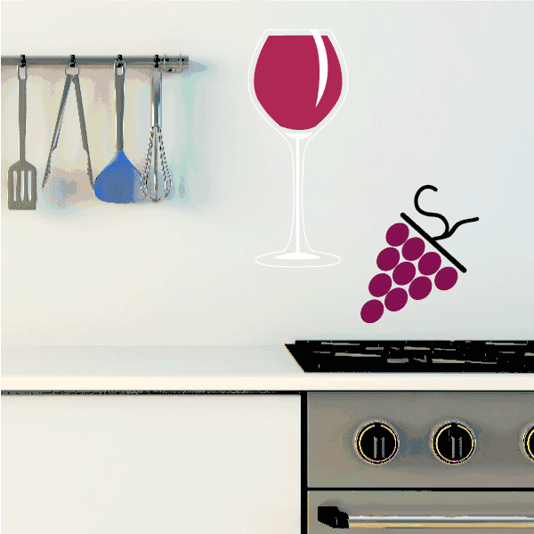 Wine glass and grapes wall sticker with full red wine cup