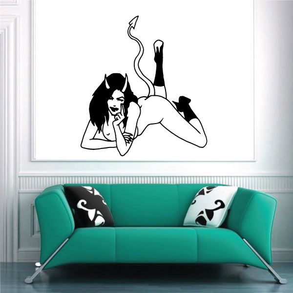 Devil girl wall decal silhouette with horns, reclining pose, tall boots