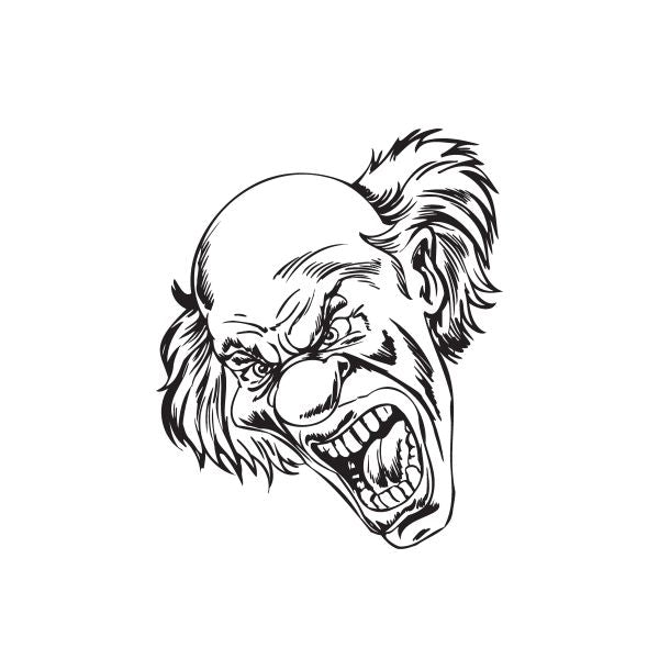 Bald clown head decal with furious face, open mouth and black line art