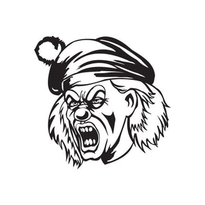 Clown head hat decal with fierce black-and-white shouting face