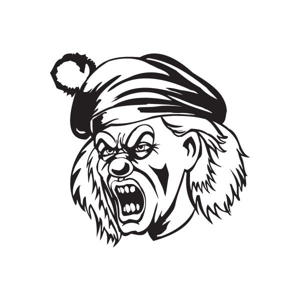 Clown head hat decal with fierce black-and-white shouting face