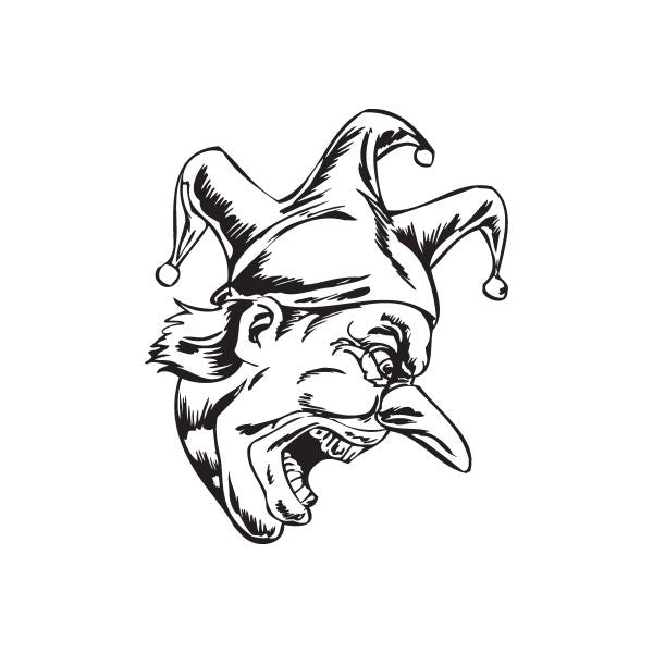 Jester head decal with roaring cartoon face, monochrome black outline on white
