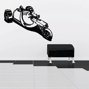 Trike decal with black-and-white futuristic rider and three wheels