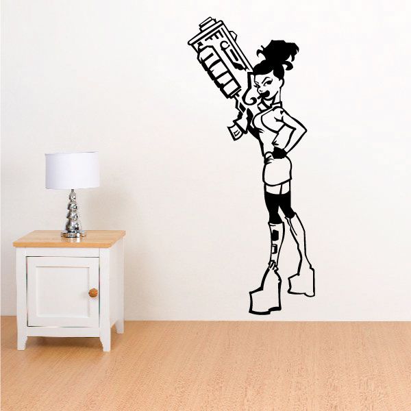 Futuristic gun babe decal with black-and-white cartoon girl holding futuristic weapon