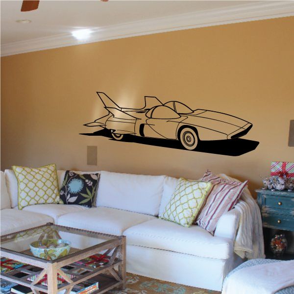 Futuristic jet car wall decal, black line art with winged shape