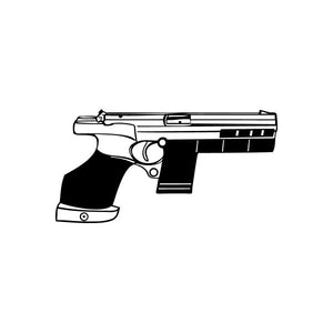 Futuristic pistol decal in black and gray, with semi-automatic style and panel accents.