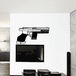 Futuristic semi-automatic pistol wall decal with black and white outline