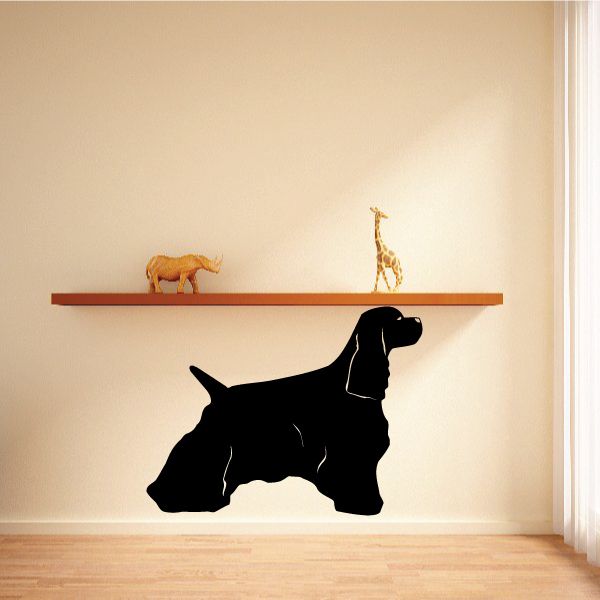 Black cocker spaniel wall decal with shelf and small giraffe and animal figures