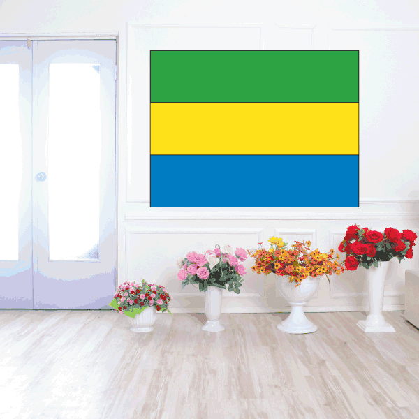 Gabon flag sticker, rectangular design with green, yellow, and blue stripes.