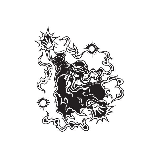 Wizard-themed vinyl decal with black silhouette and swirling flame effects