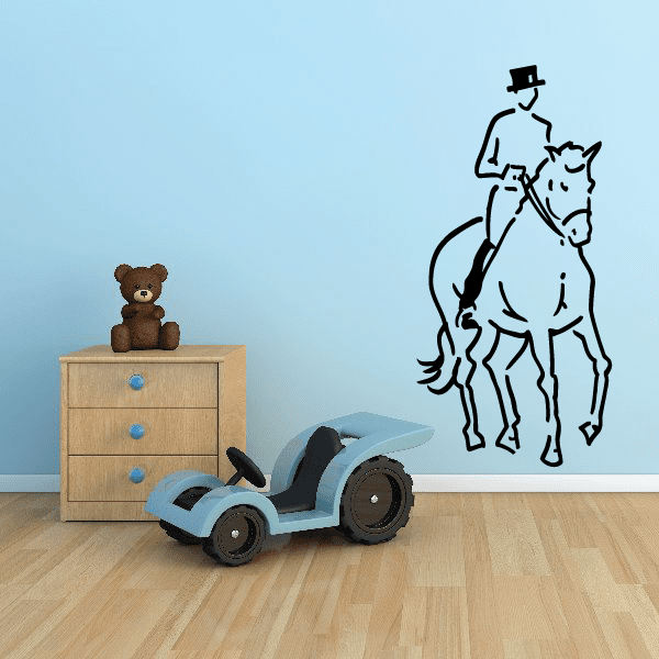 Galloping horse decal with rider, black outline and white fill