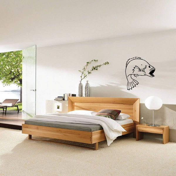 Large mouth bass wall decal with open mouth fish outline, simple black graphic