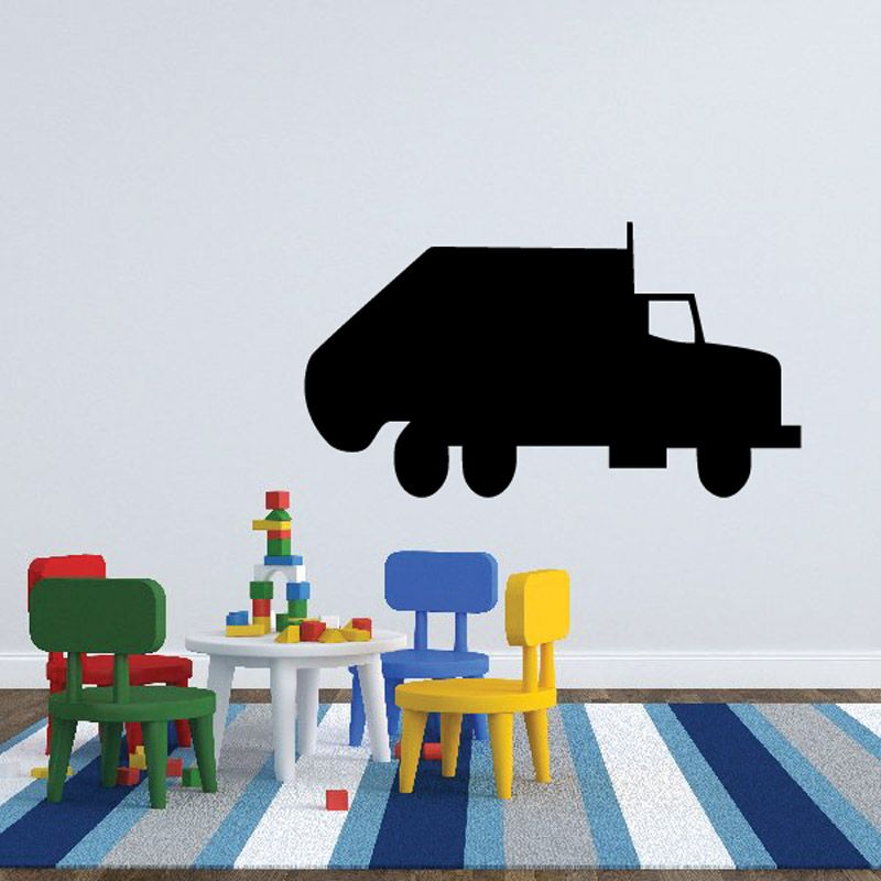 Black garbage truck wall decal with wheels and lifting container
