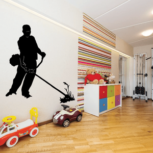 Gardener weed wacking decal, black silhouette of gardener holding weed wacker tool