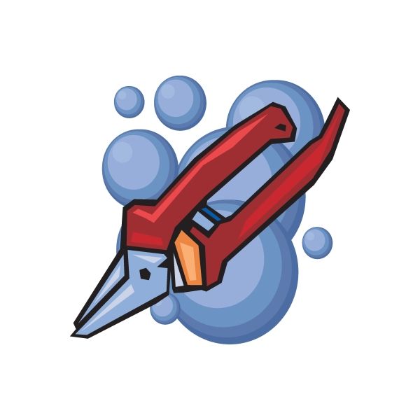 Gardening shears sticker: red pruning tool with blue bubble icons behind