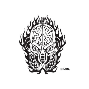 Brain gas mask graffiti decal, black-and-white flame design with 'BRAIN.' text