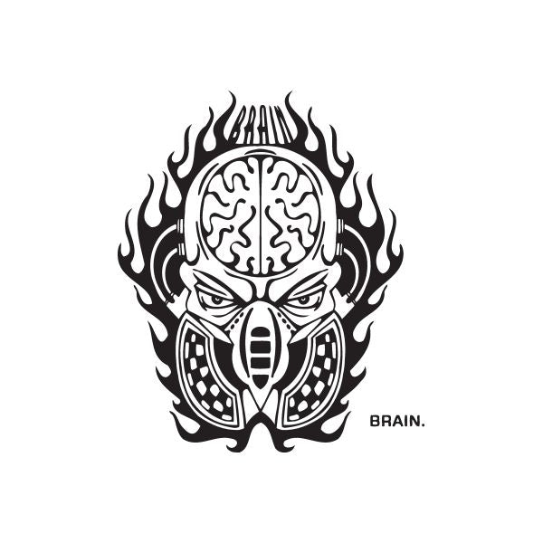 Brain gas mask graffiti decal, black-and-white flame design with 'BRAIN.' text
