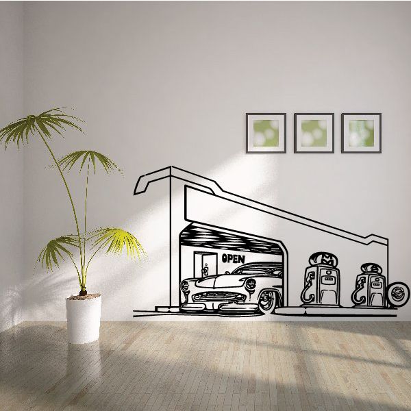 Black gas station wall decal with car, pump icons, and OPEN sign