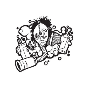 Gasmask inhaling can decal featuring black gas mask and inhaler can illustration