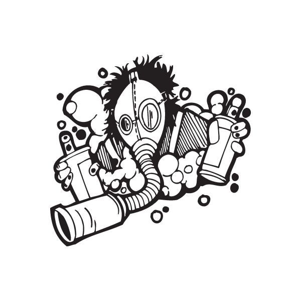 Gasmask inhaling can decal featuring black gas mask and inhaler can illustration