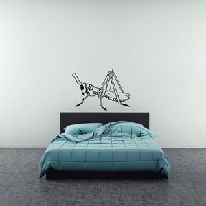 Grasshopper wall decal in black line art, detailed legs and wings.