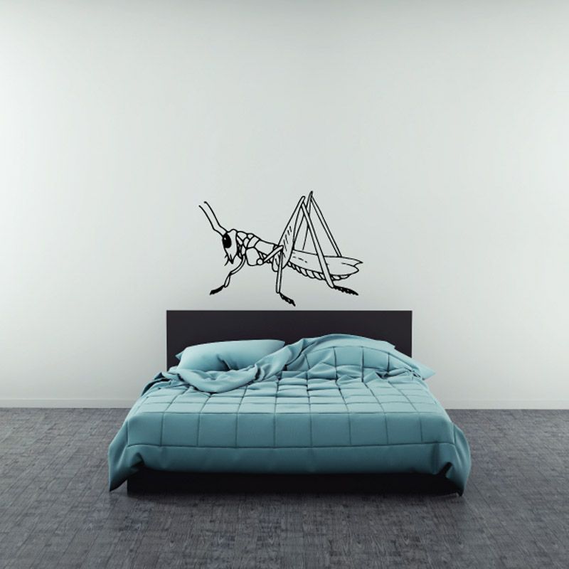 Grasshopper wall decal in black line art, detailed legs and wings.