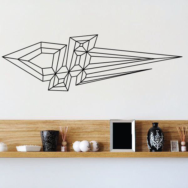 Spatial pinstripe vinyl decal, black geometric 3D line art with arrow-like form