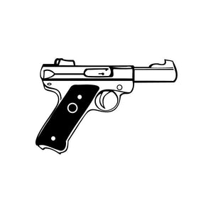 Handgun detail decal with white body and black grip panel, side view outline