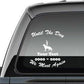 Car window decal with dog silhouette and remembrance text, including name and dates