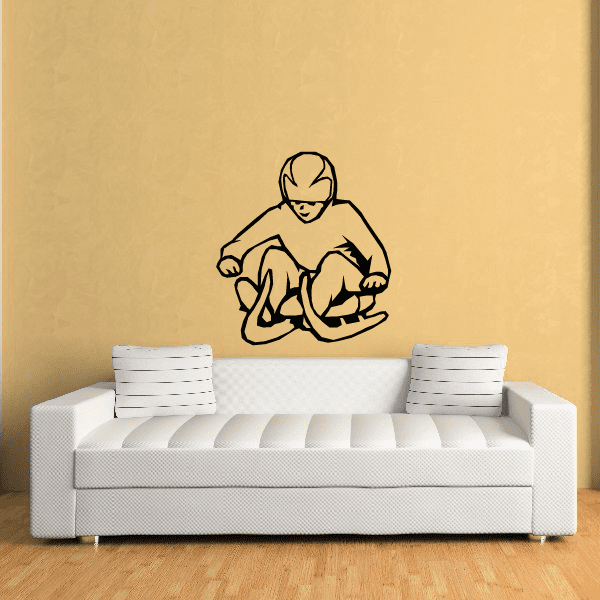 Cartoon luge rider decal, crouching athlete with stick hand pose