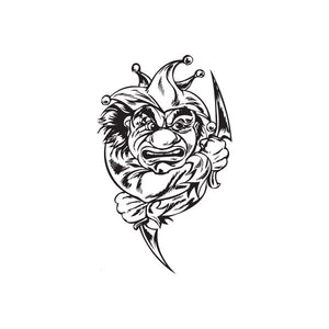 Ghost jester knife decal, black-and-white jester head holding a blade