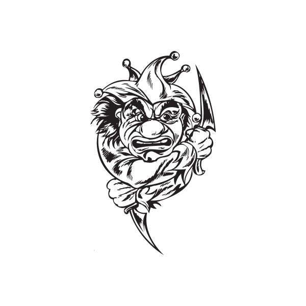 Ghost jester knife decal, black-and-white jester head holding a blade
