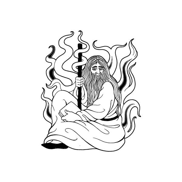 Wizard decal of a bearded man holding a staff, seated with flowing flame-like outlines
