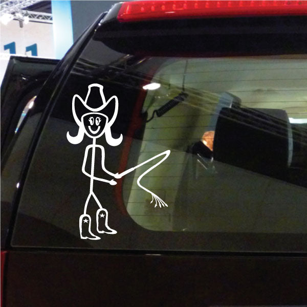 Cowgirl girl decal with whip, white outline style