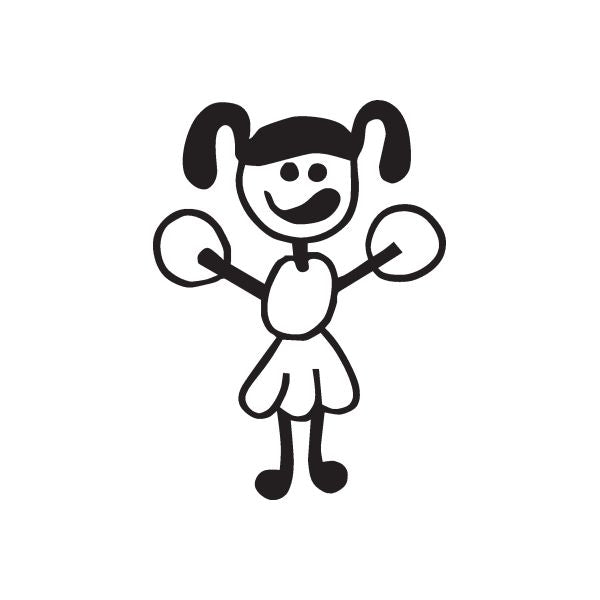 Cheerleading girl decal, black outline cartoon with pom-poms and smile