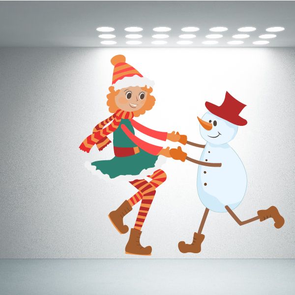 Image of Girl Dancing with Snowman Printed Die Cut Decal