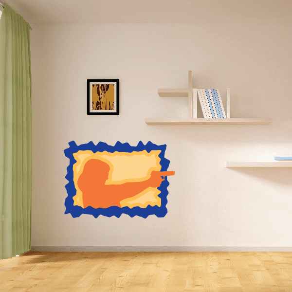 Orange woman silhouette holding a handgun vinyl sticker with blue wavy border