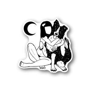 Vinyl sticker of girl hugging dog, monochrome line art