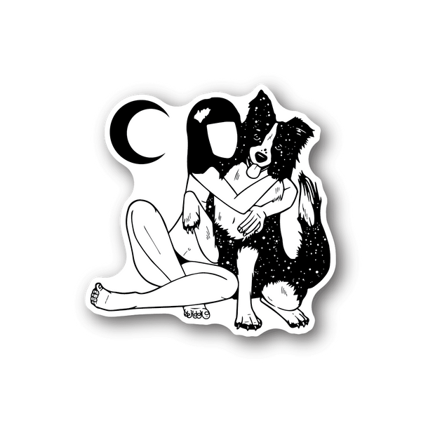 Vinyl sticker of girl hugging dog, monochrome line art