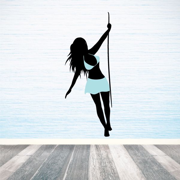 Blue swinging girl sticker, black hair silhouette holding rope, short dress